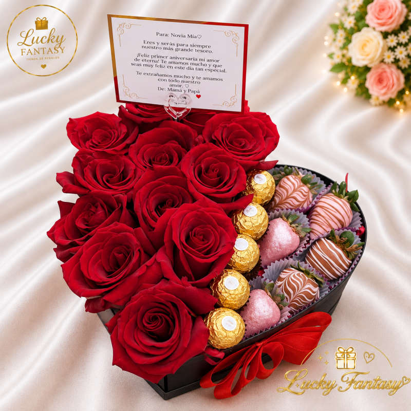 Caja Corazón Deluxe con 12 Rosas, Fresas y Ferrero